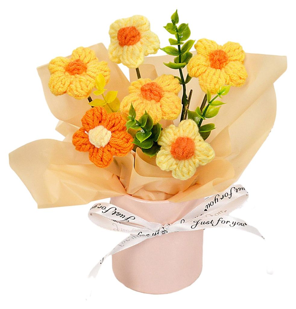 Handgehäkelter Blumenstrauß, handgefertigt, künstlich gestrickt, mit Sonnenblumen, Nelken, Tulpen und Pusteblumen – ein Geschenk für Mutter u...