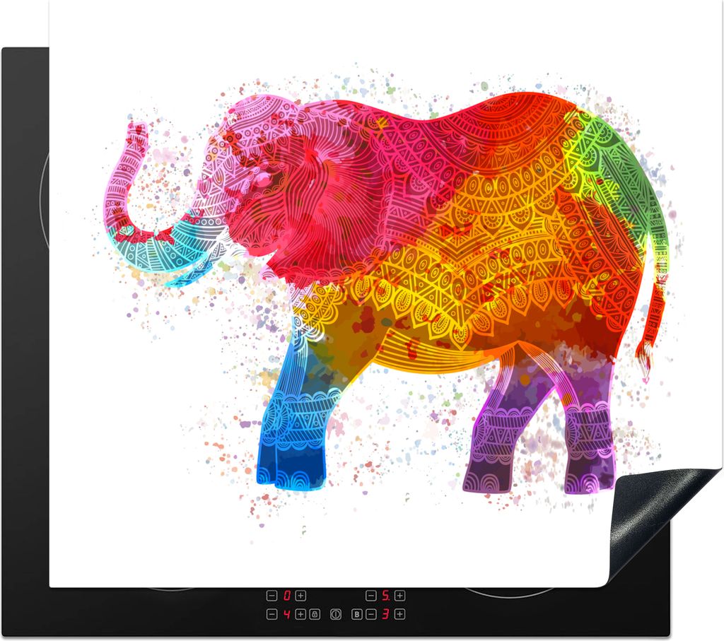 KitchenYeah Herdabdeckplatte Elefant - Regenbogen - Boho , 57x51cm, Küche Deko, Glaskeramikkochfeld Herdabdeckung, Abdeckplatte fùr Kochfeld