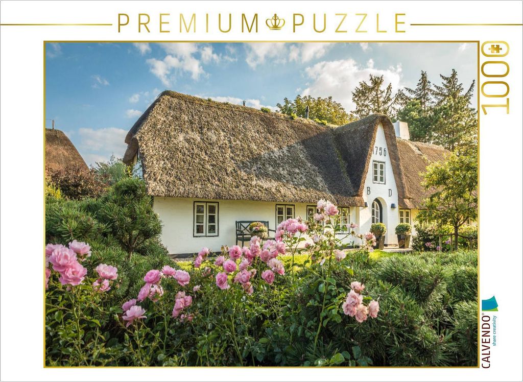CALVENDO Puzzle Rosenpracht mit Friesenhaus | 1000 Teile Lege-Größe 64x48cm Foto-Puzzle für glückliche Stunden