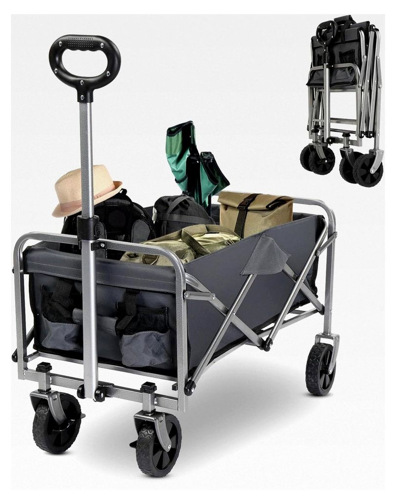 Faltbarer Bollerwagen, 600D Oxford-Stoff, Handwagen mit 100 kg Tragkraft - für Camping, Einkäufe, Outdoor & Freizeit, 74,5 x 45 x 85 cm (Grau)