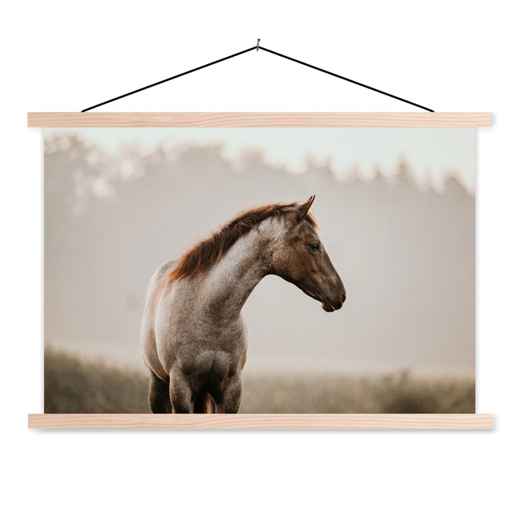 MuchoWow Textilposter Pferd - Nebel - Natur 150x100 cm mit holzfarbenen Rahmen - Posters