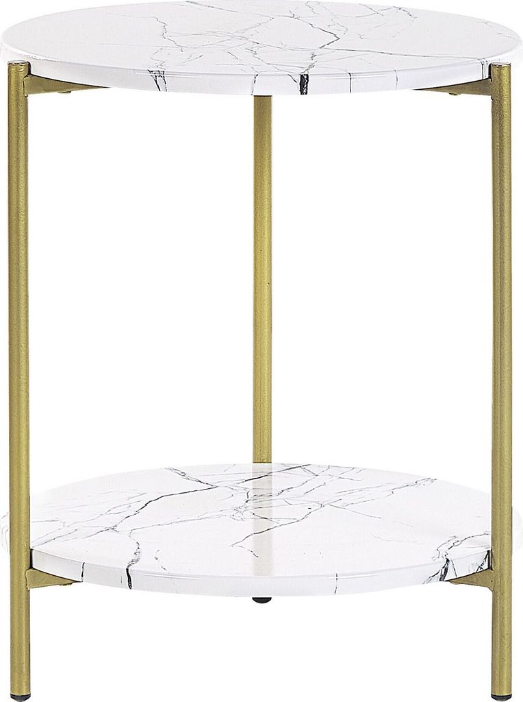 BELIANI Beistelltisch Weiß MDF-Platte Marmor Optik Rund 40 cm mit Goldenem Metallgestell Regal Modern Glamour Stil Sofatisch Wohnzimmer Salon Möbel