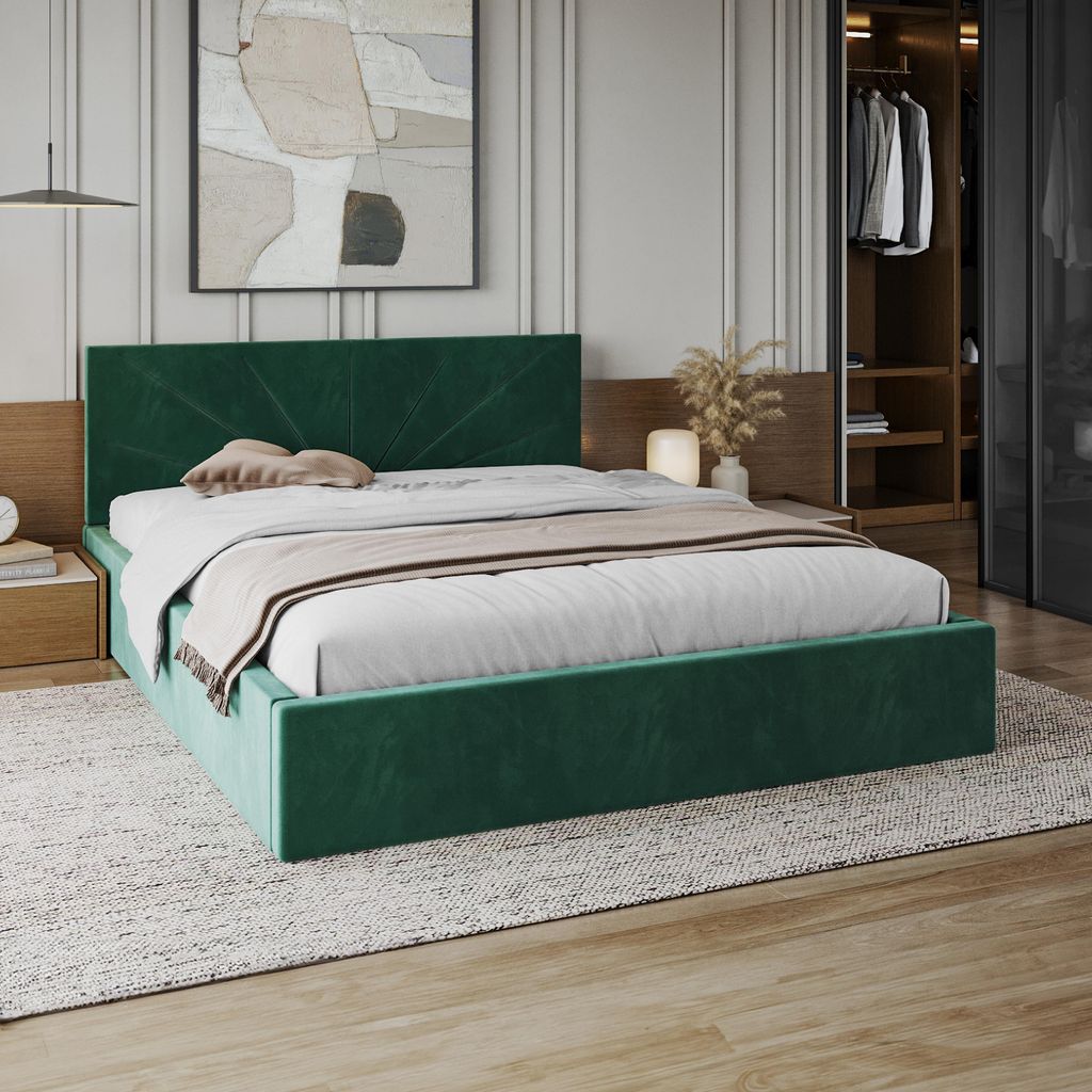 FDM Bett SUNSET Trinity 120x200 cm Polsterbett mit Lattenrost aus Metall Bettkasten Stauraumbett Samt dunkelgrün