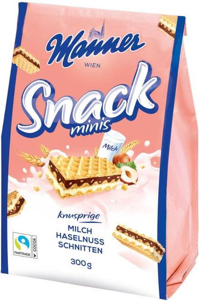 Manner Snack Minis Waffeln mit Milch Haselnuss Füllung 300g Produktbild 