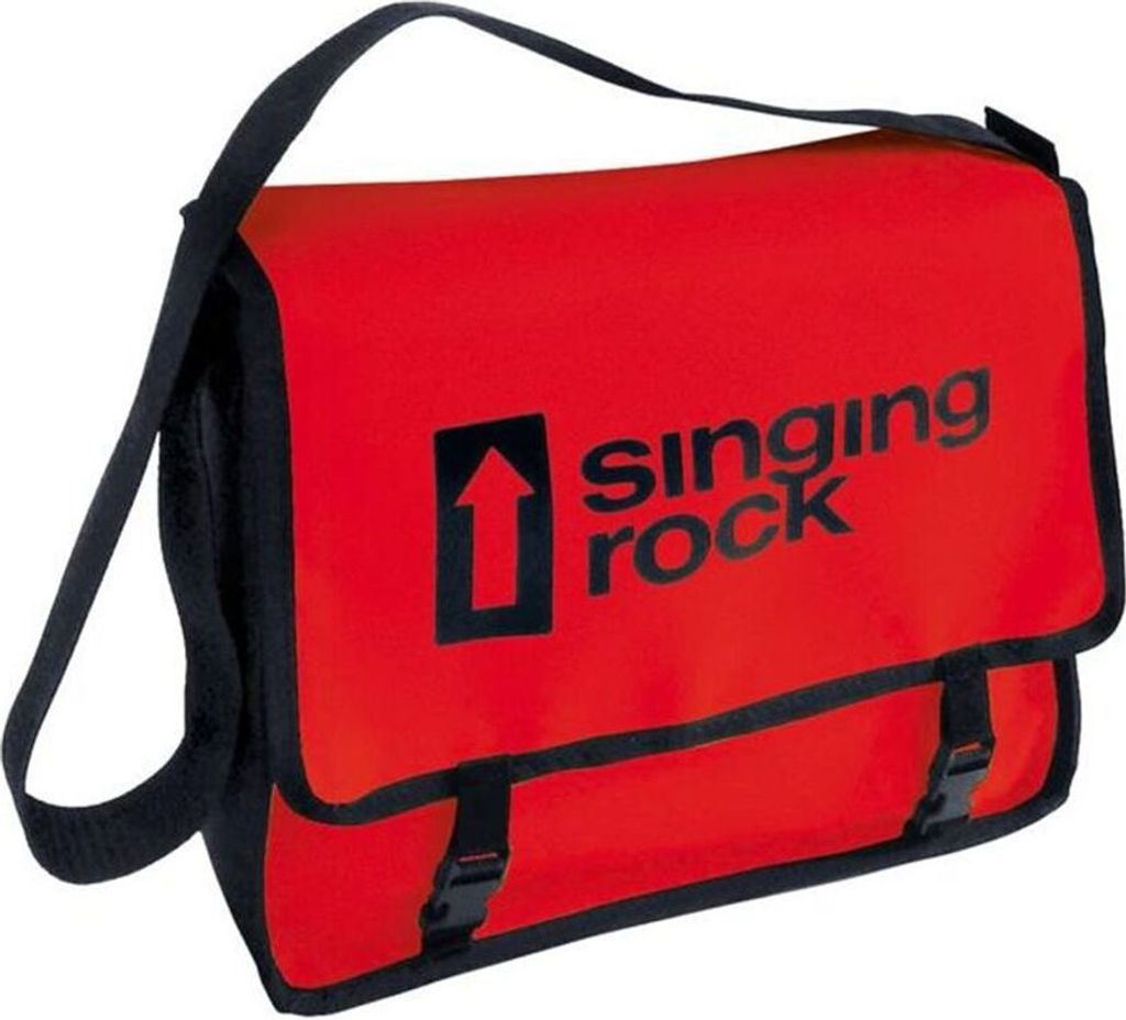 Rote Umhängetasche mit dem Logo "singing rock"; geeignet für mobiles Anschlagsystem.