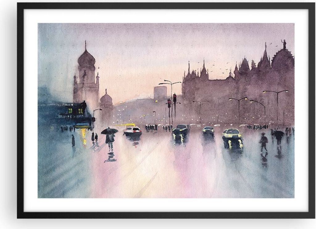 Gerahmtes Poster - Schwarzer Rahmen - Aquarell Stadt historische Denkmäler - 70x50 cm - Wand Bild - Wanddeko - Wandbilder - Kunstposter - Wandpost...