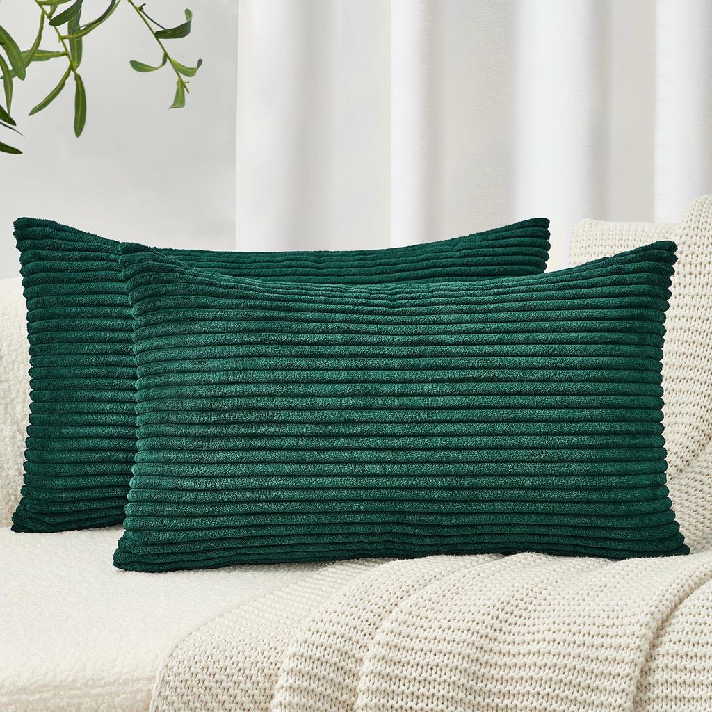 Set mit 2 Kissenbezügen 30x50 cm, Cord-Samt, dunkelgrün gestreift