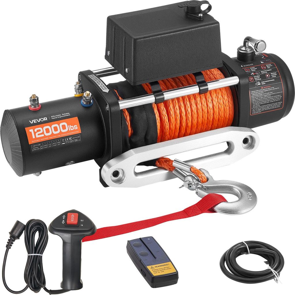 VEVOR Elektrische Seilwinde, 5400 kg, 12 V DC LKW-Winde mit Φ9,1mm x 23m Synthetikseil, kabellose & kabelgebundene Fernbedienung, IP55 zum Abschle...