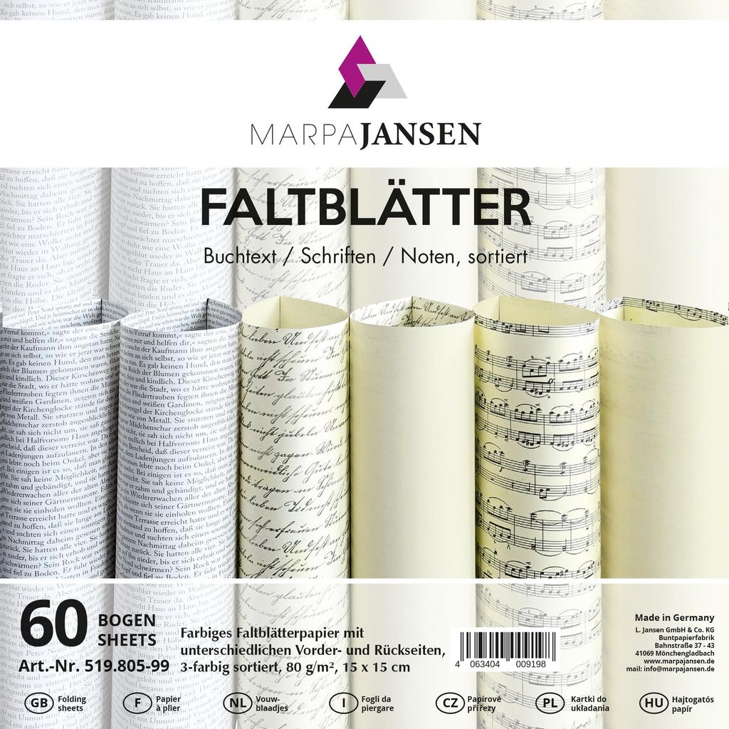 MarpaJansen Faltblätter Text und Noten 15x15 cm 80 g/qm Origami Papier