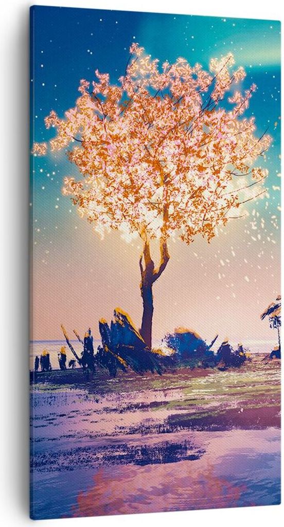 Bild auf Leinwand - Leinwandbild - Baum Haus Nacht Sterne - 55x100cm - Wand Bild - Wanddeko - Leinwanddruck - Bilder - Kunstdruck - Wanddekoration ...