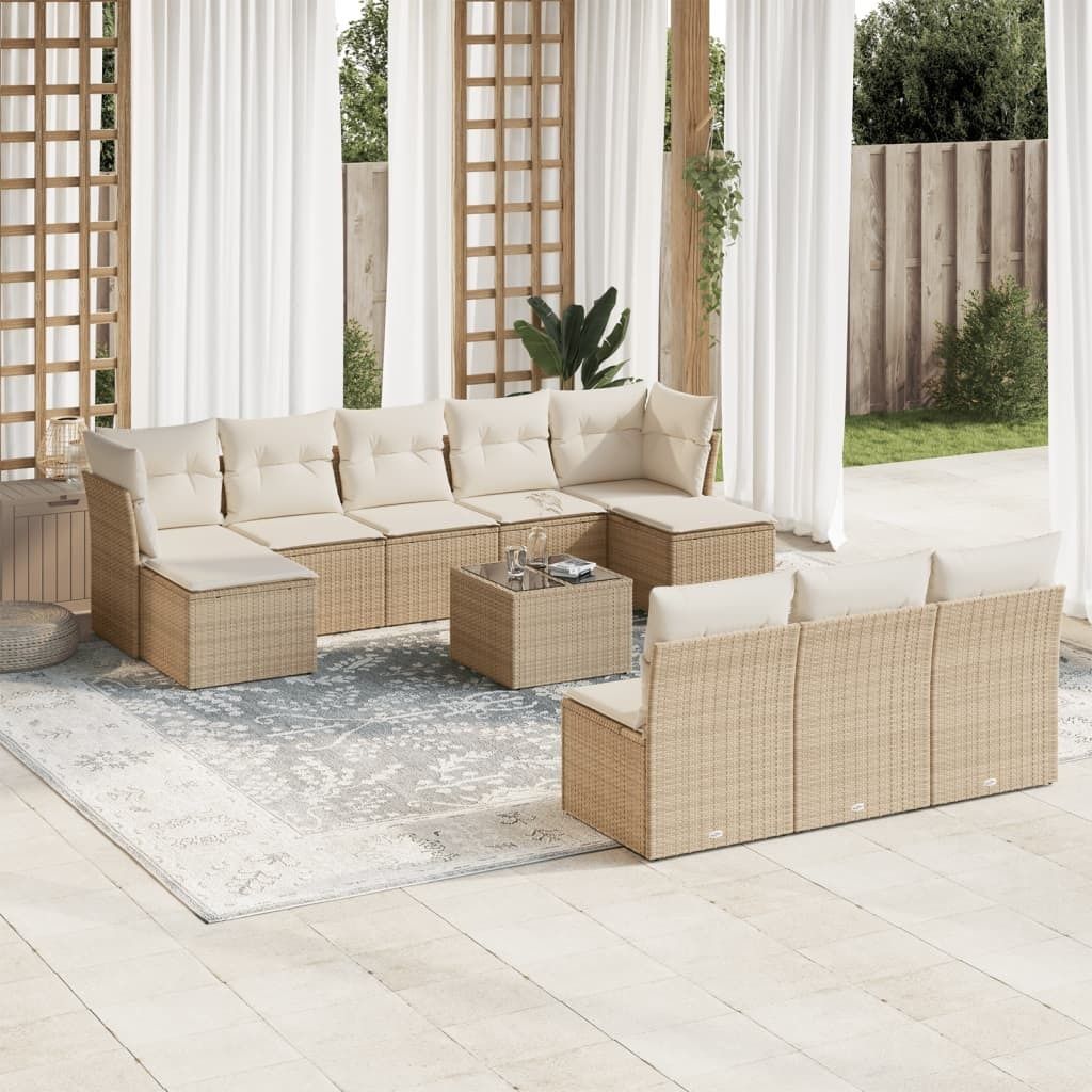 Design 11-tlg. Garten-Sofagarnitur mit Kissen Beige Poly Rattan, Gartenmöbel-Sets 2024 Neu