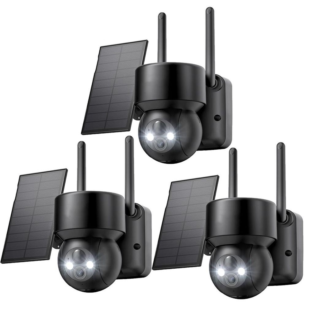 3 Stücke Überwachungskamera Aussen Akku Solar 2K Kamera Überwachung Aussen WLAN Outdoor kabellos 360 Grad PTZ PIR Bewegungsmelder Farbnachtsicht