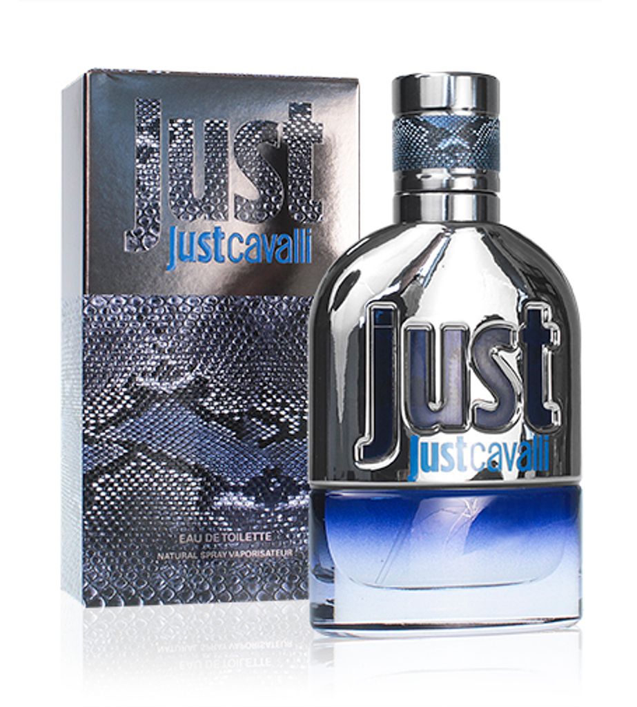 A bottle of Roberto Cavalli Just Cavalli Him 2013 Eau de Toilette and its packaging are displayed against a white background.