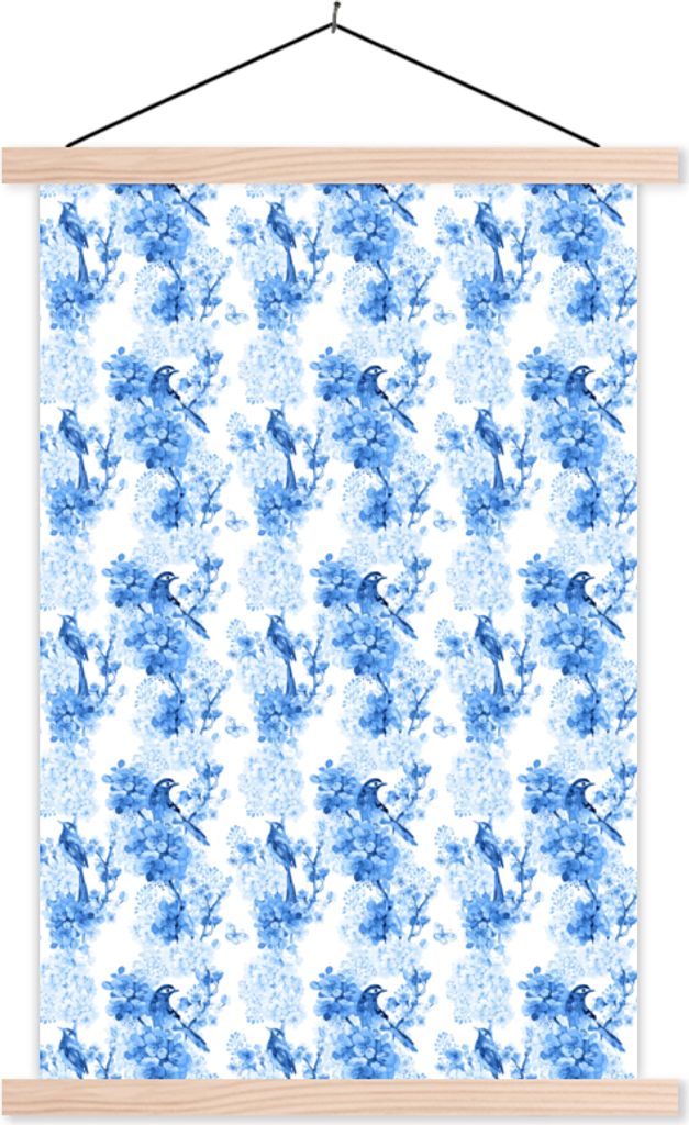 MuchoWow Textilposter Blumen - Vögel - Blau 120x180 cm mit holzfarbenen Rahmen - Textil-Plakat