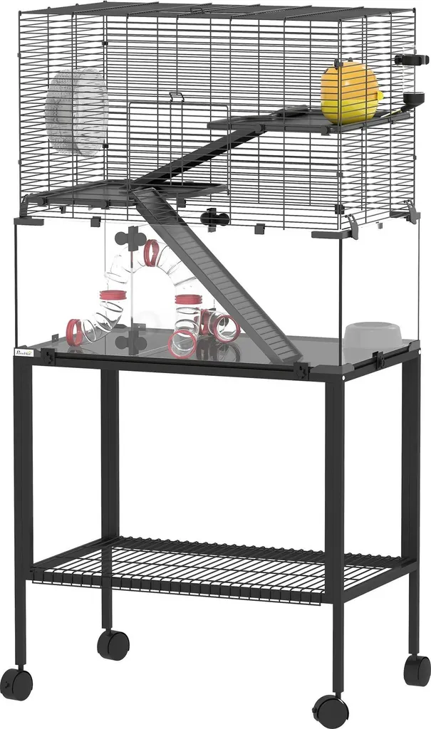 Cage à hamster spacieuse triple niveau équipée d'une roue silencieuse