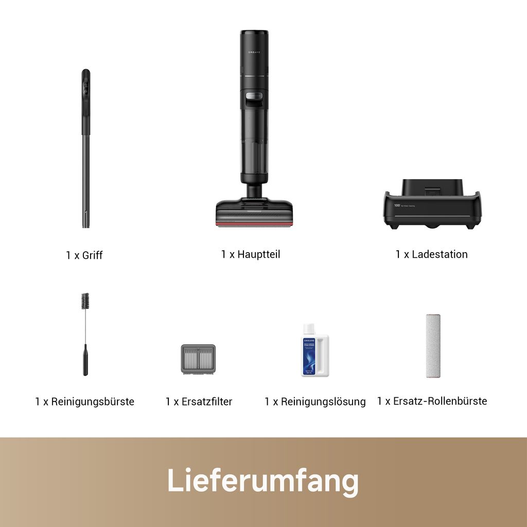 A flat lay of vacuum cleaner parts and accessories, with German text labels.