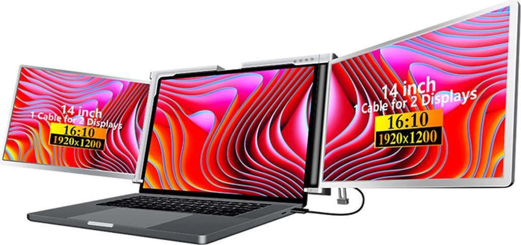 14-Zoll-Laptop-Erweiterungsbildschirm FHD Tragbarer Tri-Screen-Monitor mit 1 Kabel für 2 Displays Windows, MacOS 15-17,3 Zoll