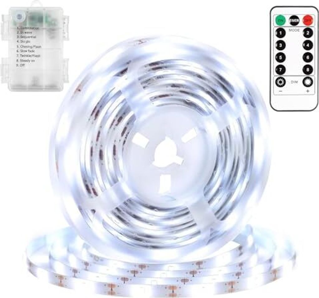 DBFAIRY 2 M LED-Streifenbatterie betrieben, 60 Fernbedienungs-Timer, selbstklebende Lichtstreifen Fernseher, Schlafzimmer, Zuhause, Partydekoration (w