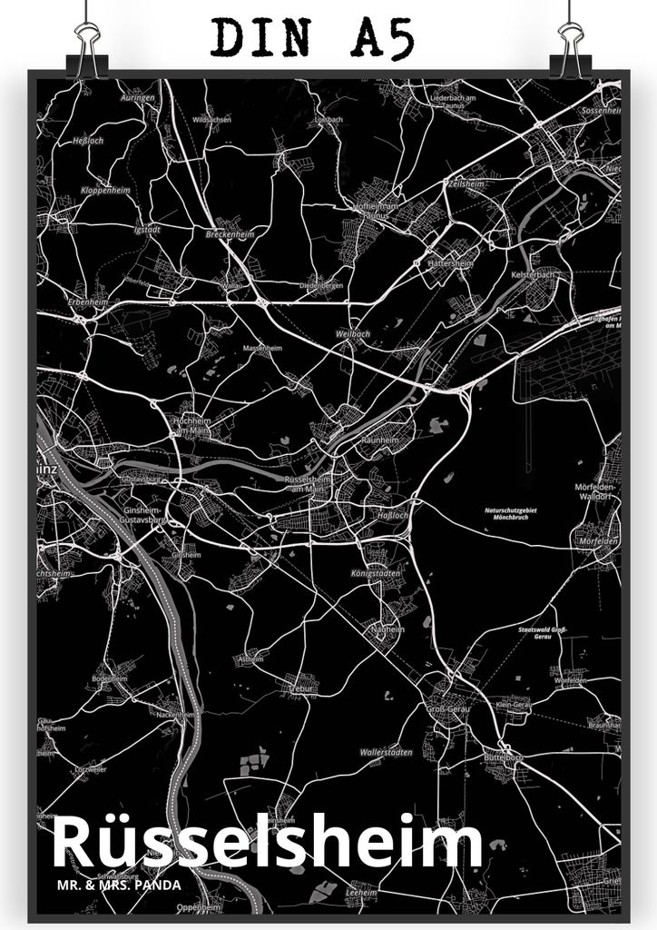 Mr. & Mrs. Panda Bild Rüsselsheim DIN A5 - Geschenk, kunstdruck poster, Stadt, Wanddekoration, drucke, Dorf Karte Landkarte Map Stadtplan, wanddeko