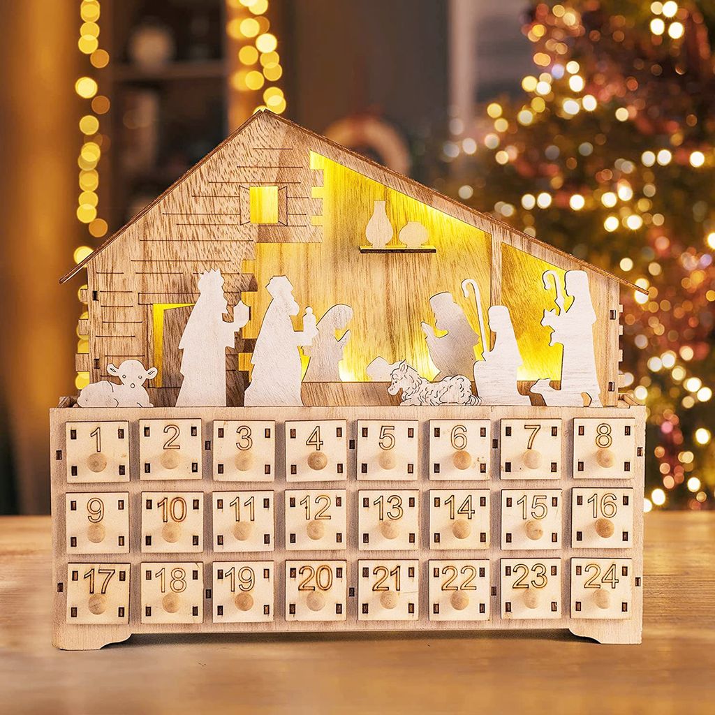 Weihnachtskalender eingebaute LED Light Crafts Dekoratives Boxholz Weihnachts-Ornament House-formen-Adventskalender für Haushalt