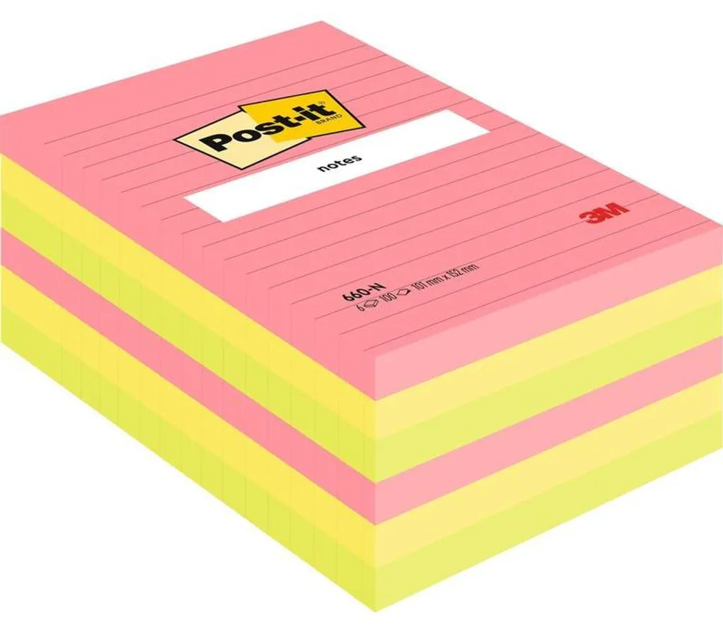 Post-it lignés 101x152 mm 100 feuilles par bloc lot de 6 couleurs