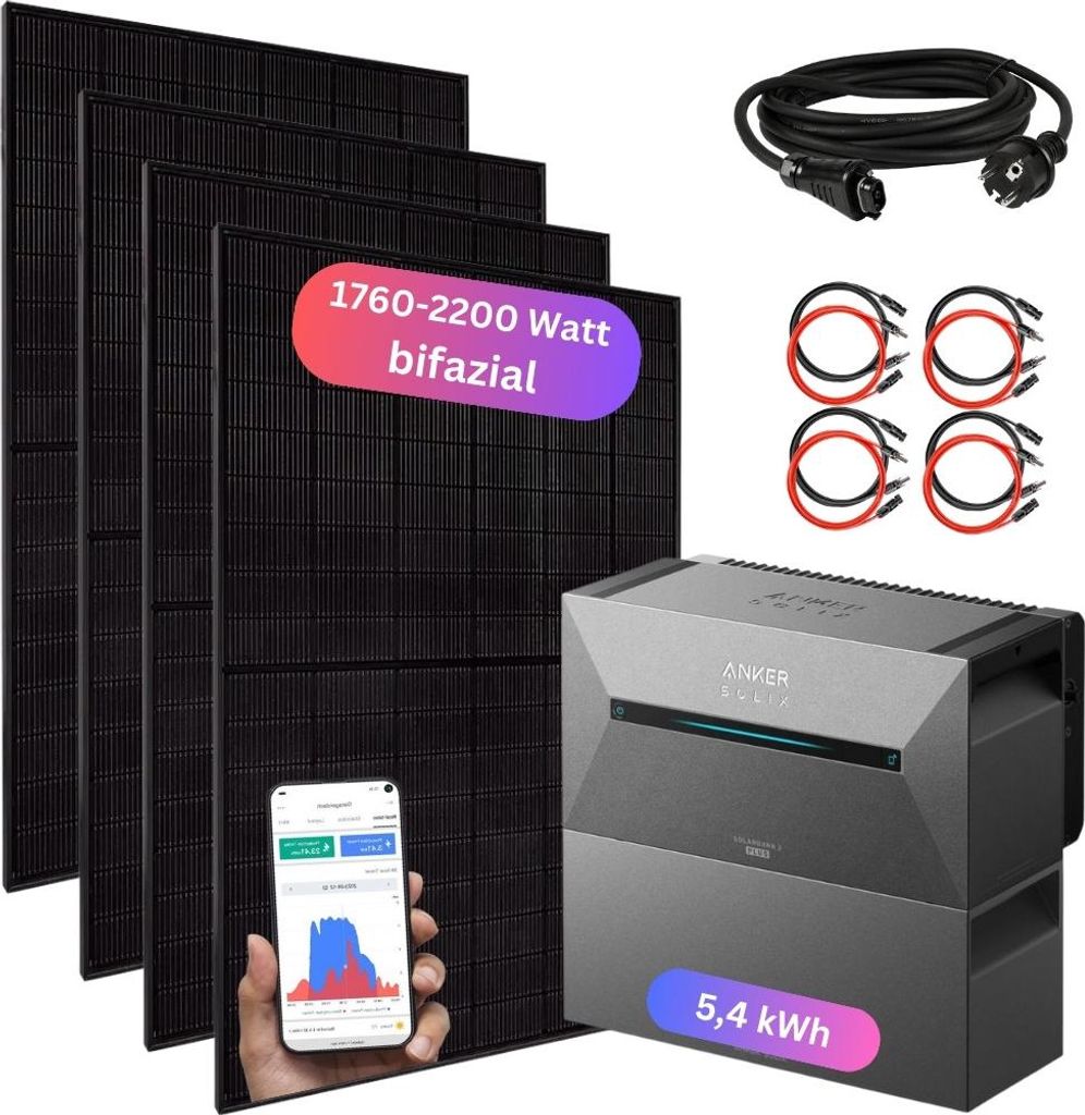 MYVOLTAICS Balkonkraftwerk 1760+ Watt mit Speicher Anker Solarbank 3 und Zusatzakku (5,4 kWh Kapazität), Steckerfertig - einstecken. fertig. Unter...