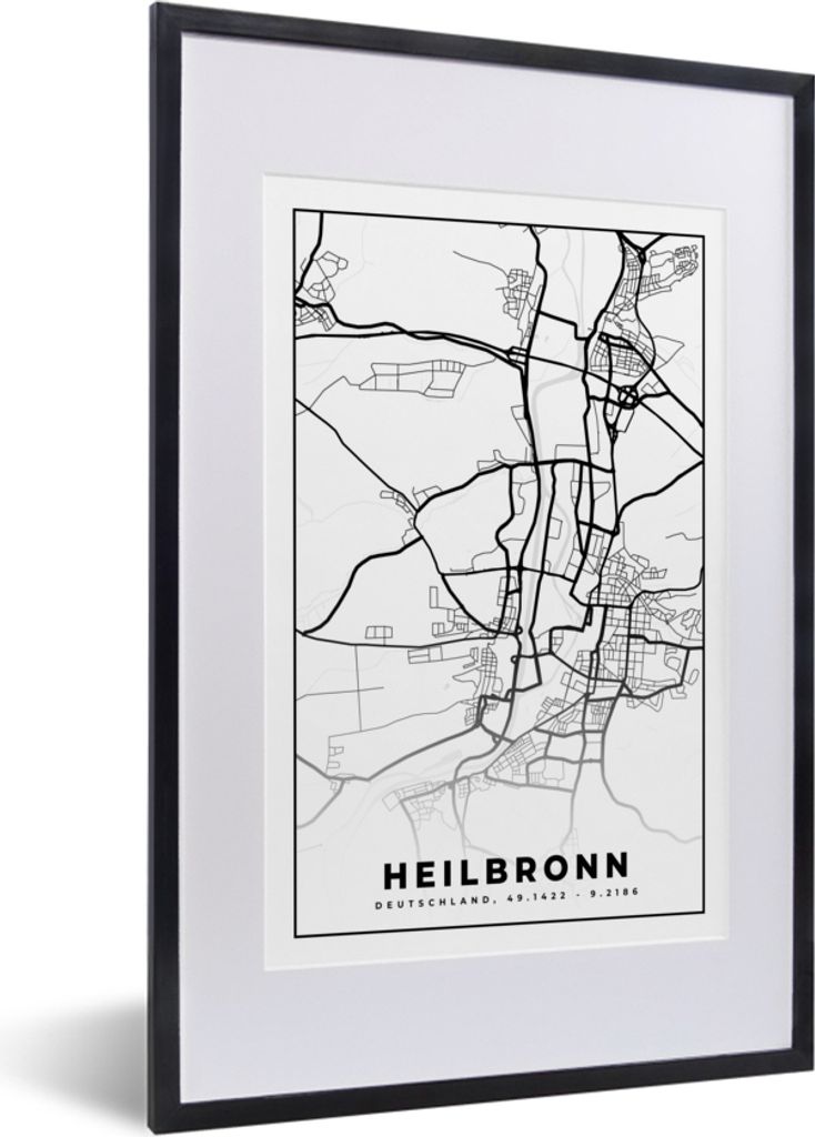 MuchoWow Gerahmtes Poster Karte - Heilbronn - Stadtplan 40x60 cm - Poster mit Schwarzem Bilderrahmen Wandposter Rahmen Foto Bilder - Poster in Ra...
