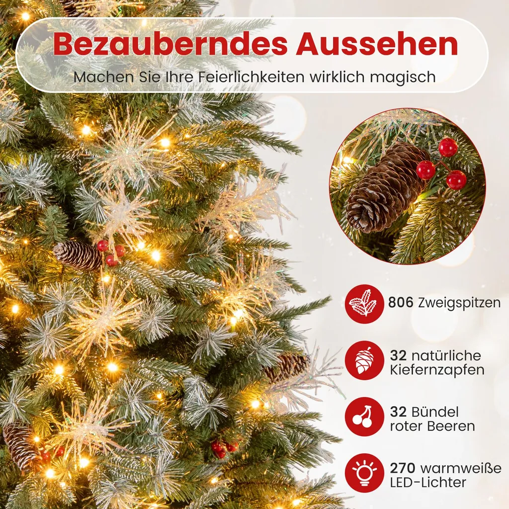 Sapin de Noël 180cm Pré-illuminé, 270 LED Chaudes, Pas de Ménage, Durable - 5