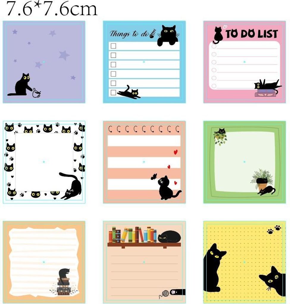 INF Katze Themen Haftnotizen 9er Set Papier 7,6x7,6cm Bunte Notizzettel für Büro und Zuhause