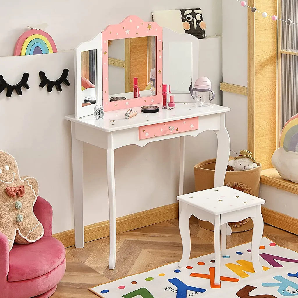 Coiffeuse pour enfants rose et blanche avec miroir pliable COSTWAY