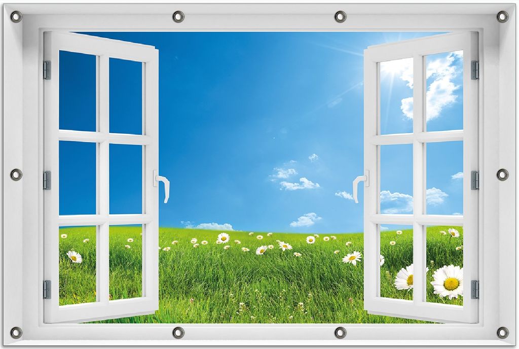 Wallario Outdoor-Poster für Garten oder Balkon 80 x 120 cm: Sommerwiese - Weiße Gänseblümchen vor blauem Himmel
