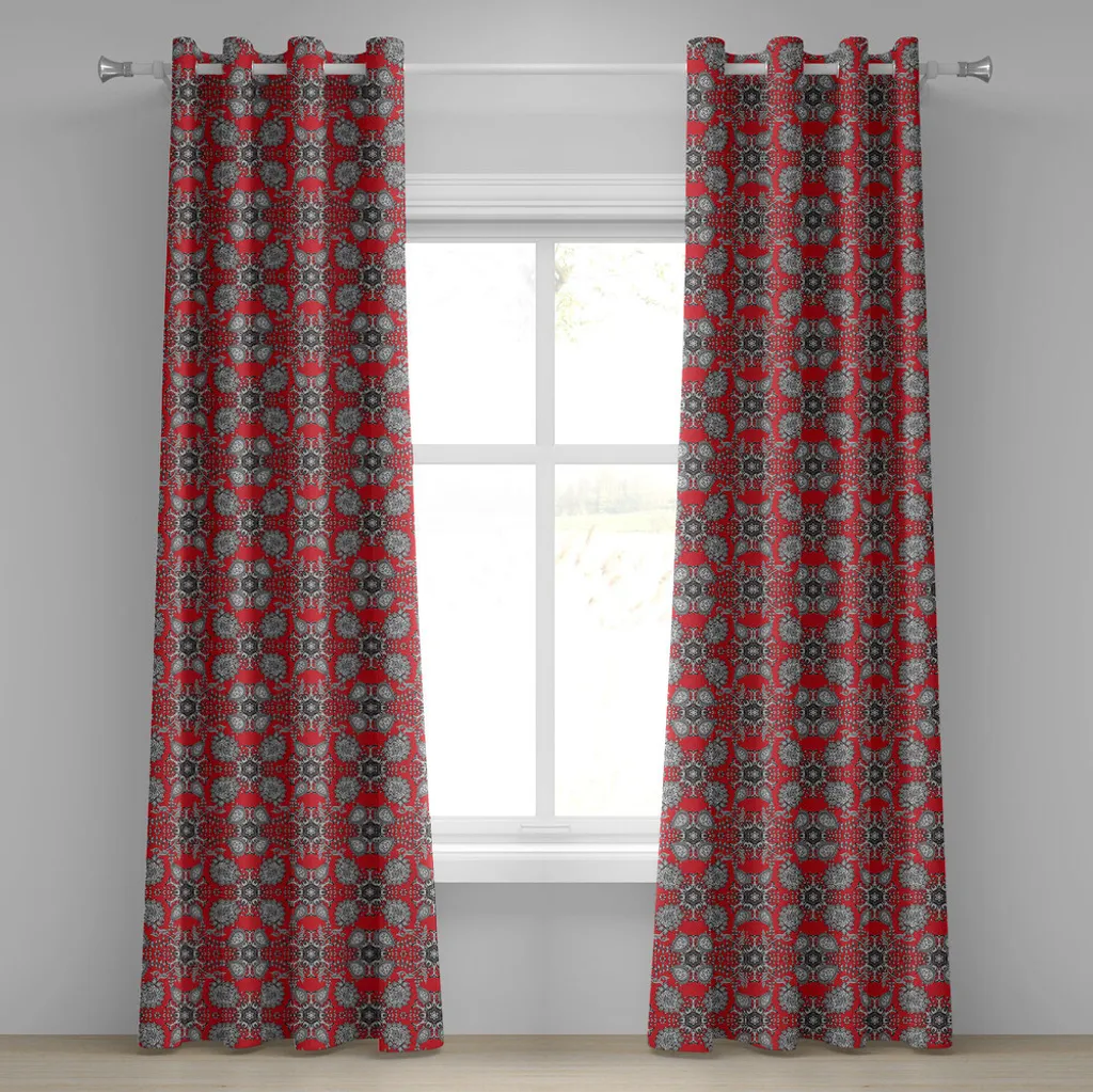 Rideau Mandala ethnique rouge et noir 280x245 cm avec œillets en métal