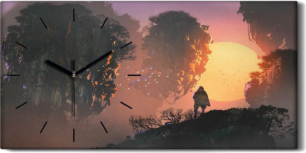 Wohnzimmer-Bild Leinwand Uhr 60x30 Surreale Landschaft Mann Felsen Berges - schwarze Hände