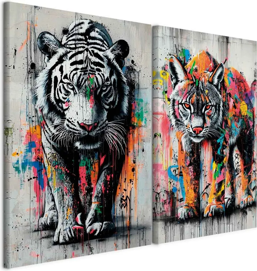Murando Quadro su Tela 120x90cm - Due Tigri Graffiti Set 2 Pezzi