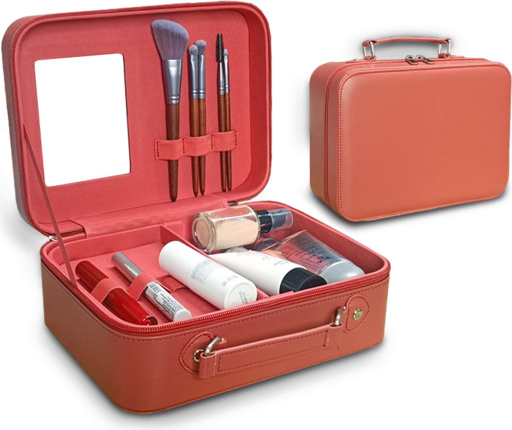 Reise-Make-up-Koffer mit Spiegel šC unterteilbarer Kosmetik-Make-up-Zugkoffer, wasserdichte PolyurethanSchale, tragbare Aufbewahrung fuer Damenkos...