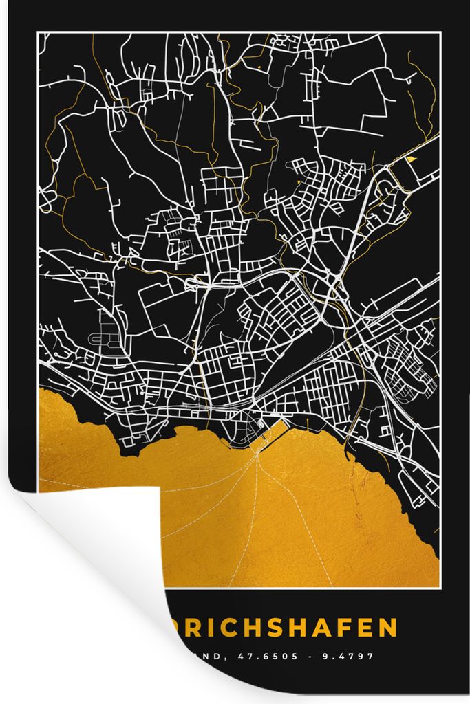 MuchoWow Wandtattoo Wandsticker Wandaufkleber Stadtplan - Karte - Deutschland - Gold - Friedrichshafen - Karte 60x90 cm Selbstklebend und Reposit...