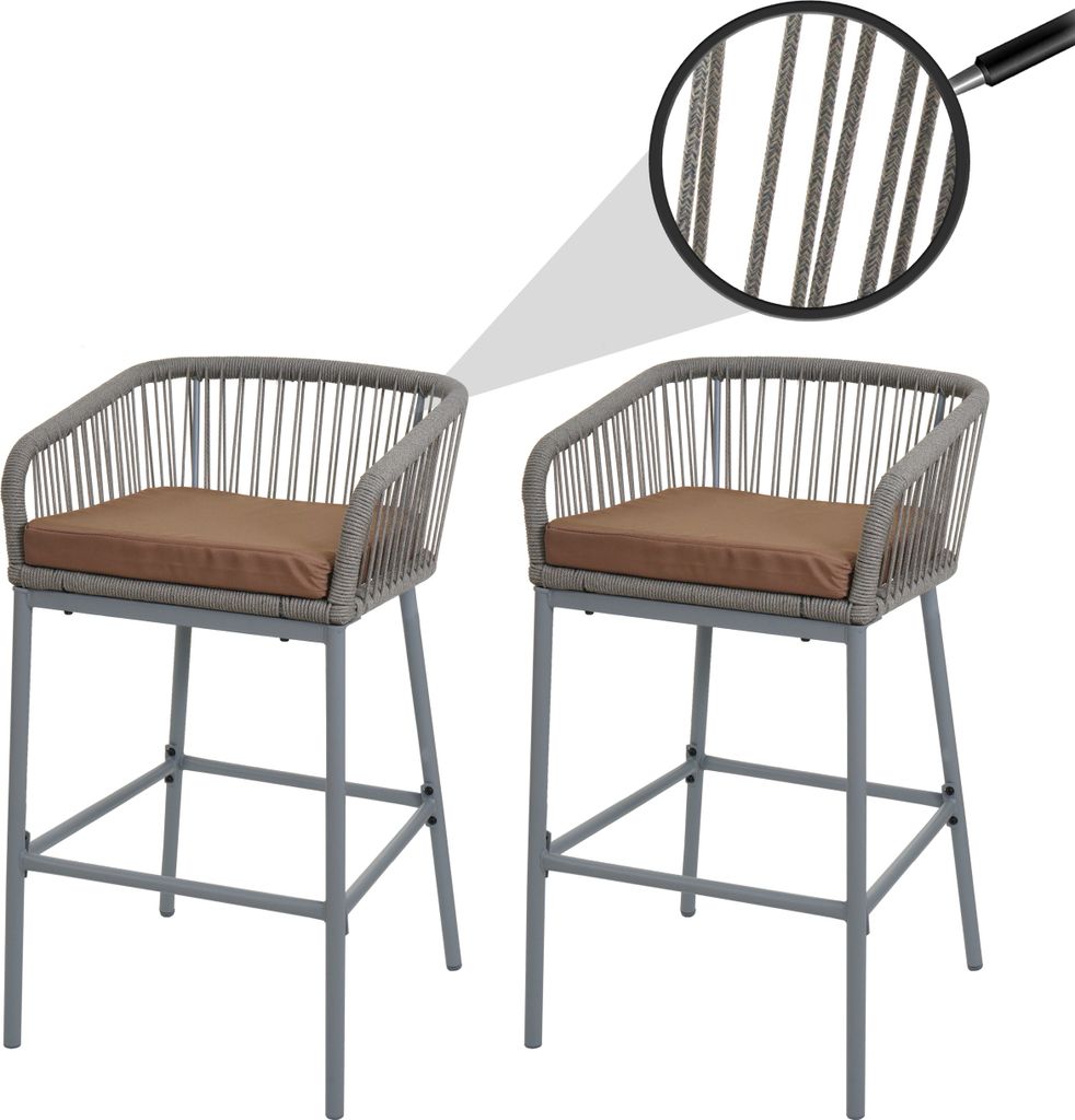 2er-Set Rope-Barhocker MCW-O22, Tresenhocker, Outdoor Sitzpolster Seilgeflecht Metall hellgrau, Kissen taupe