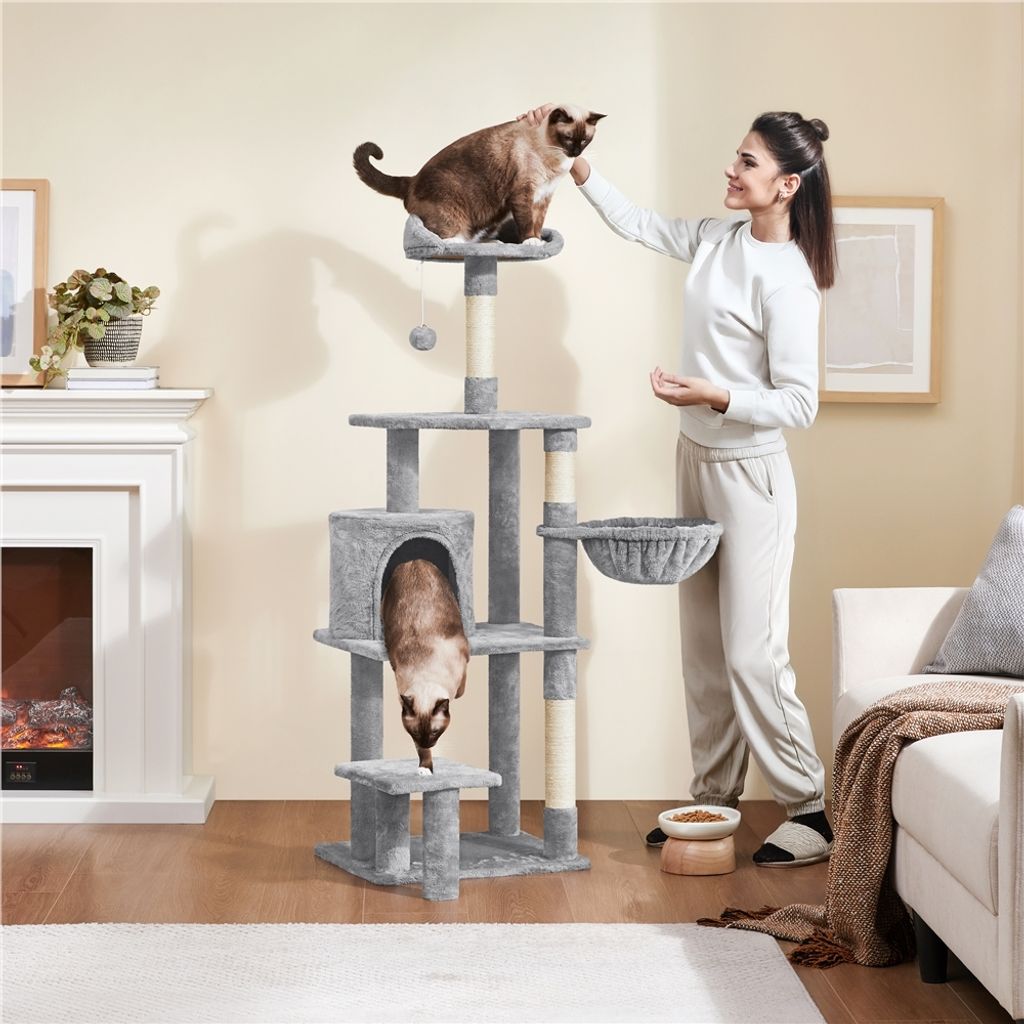 Yaheetech Katzenbaum Katzenkratzbaum 145 cm Stabiler Kratzbaum mit Aussichtsplattform Liegemulde Sisalstämme Kletterbaum für kleinen mittelgroße...
