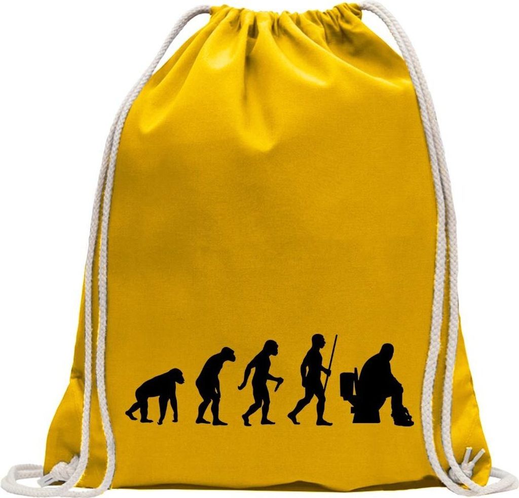 Kiwistar - Turnbeutel - gelb - Klo Toiletten Evolution - Fun Rucksack Sport Beutel Gymsack Baumwolle mit Ziehgurt