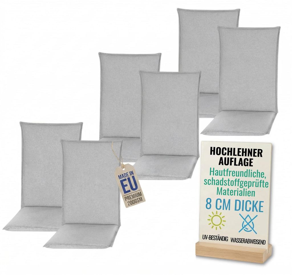 Pillows24 - 6x Hochlehner Auflagen 120x50x8 cm | Bequeme & Wetterfeste Gartenstuhlauflagen | Polster Sitzkissen für Gartenmöbel | EU | Grau