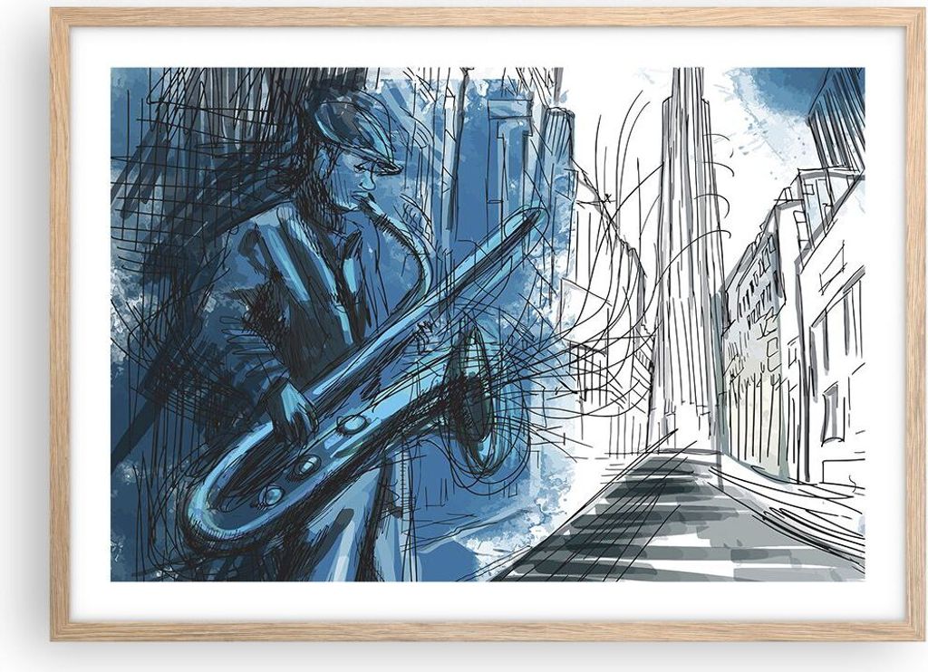 Gerahmtes Poster - Rahmen in heller Eiche - Saxophon Musiker Zeichnen - 70x50 cm - Wand Bild - Wanddeko - Wandbilder - Wandposter - Bilderrahmen - ...