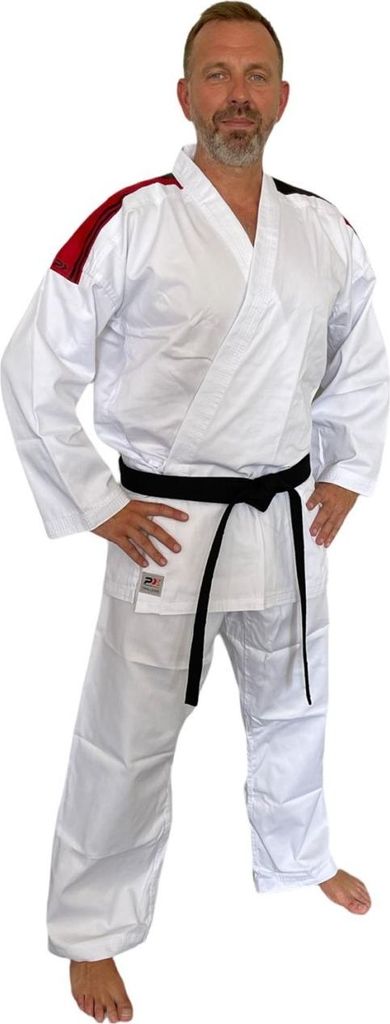 Taekwondo Anzug Traditional Light mit Schnürung weiß 7,5 oz mit Schulterstreifen schwarz-rot