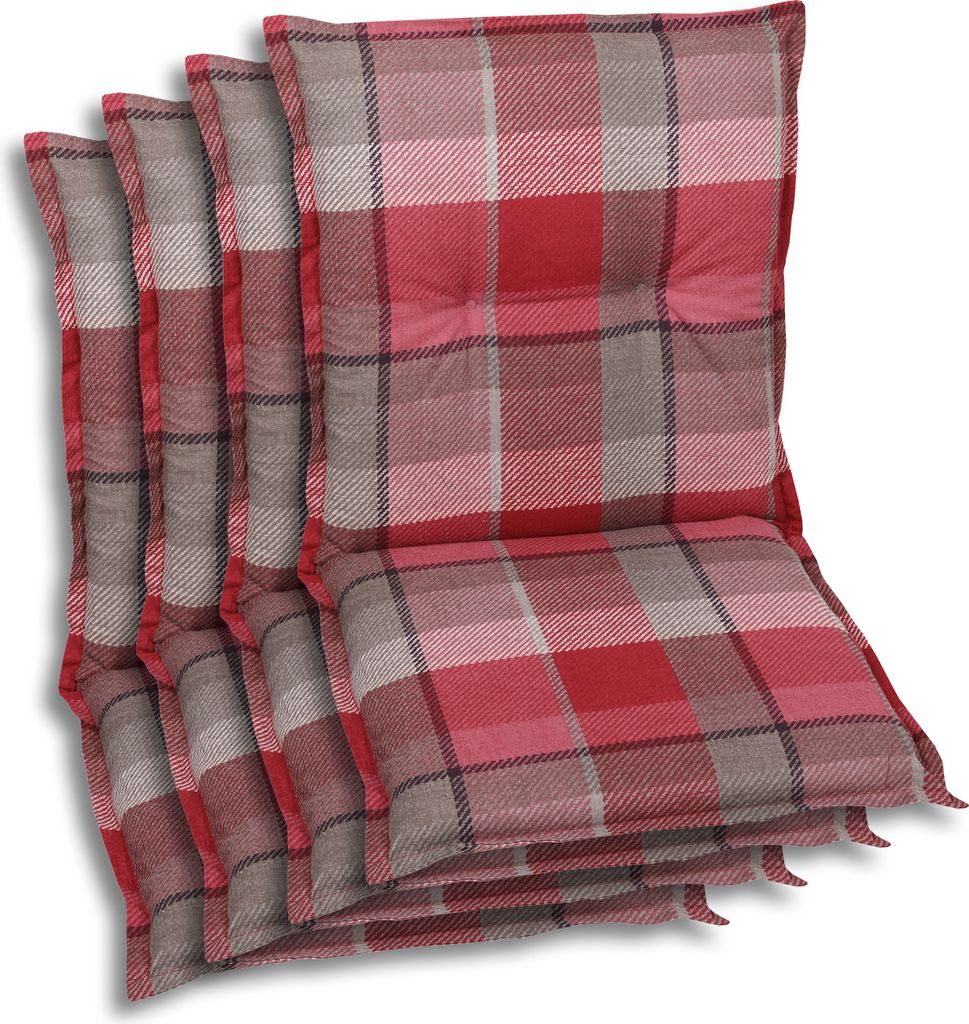 A stack of four red and gray plaid chair cushions.