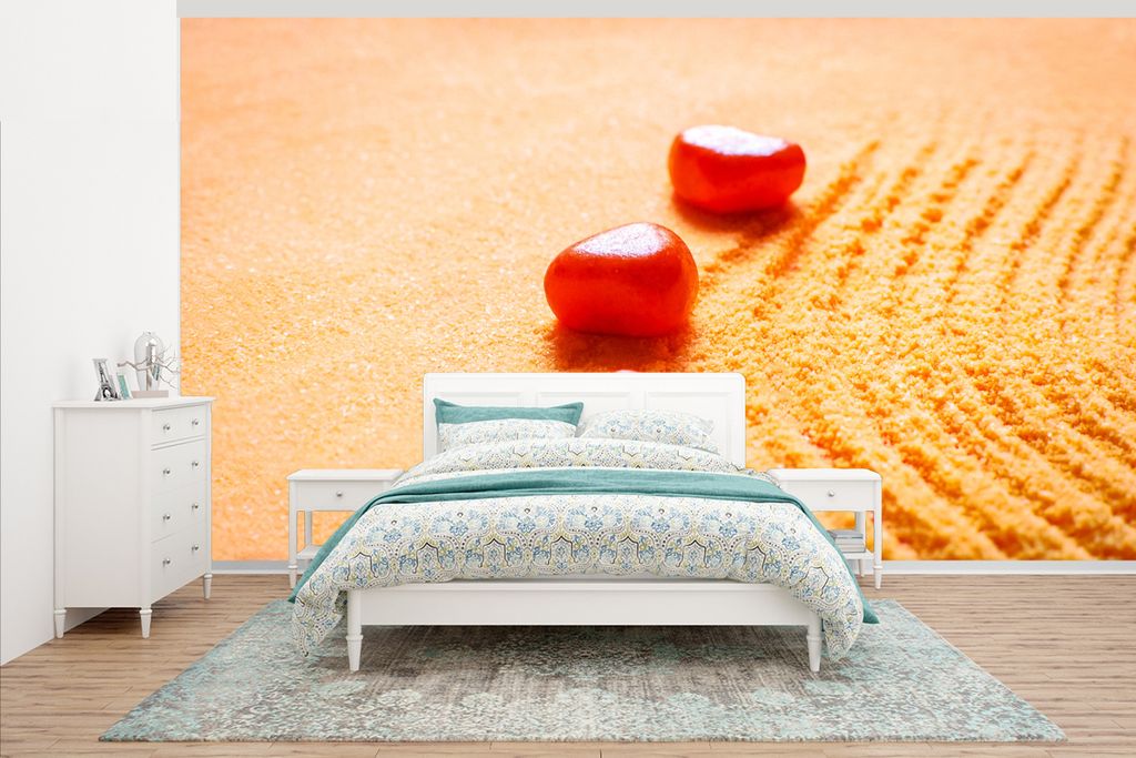 MuchoWow Fototapete für Wohnzimmer oder Schlafzimmer Wandtapete Vinyl Motivtapete Zen-Bild von roten Steinen im Sand - 535x300 cm - Wanddekoration