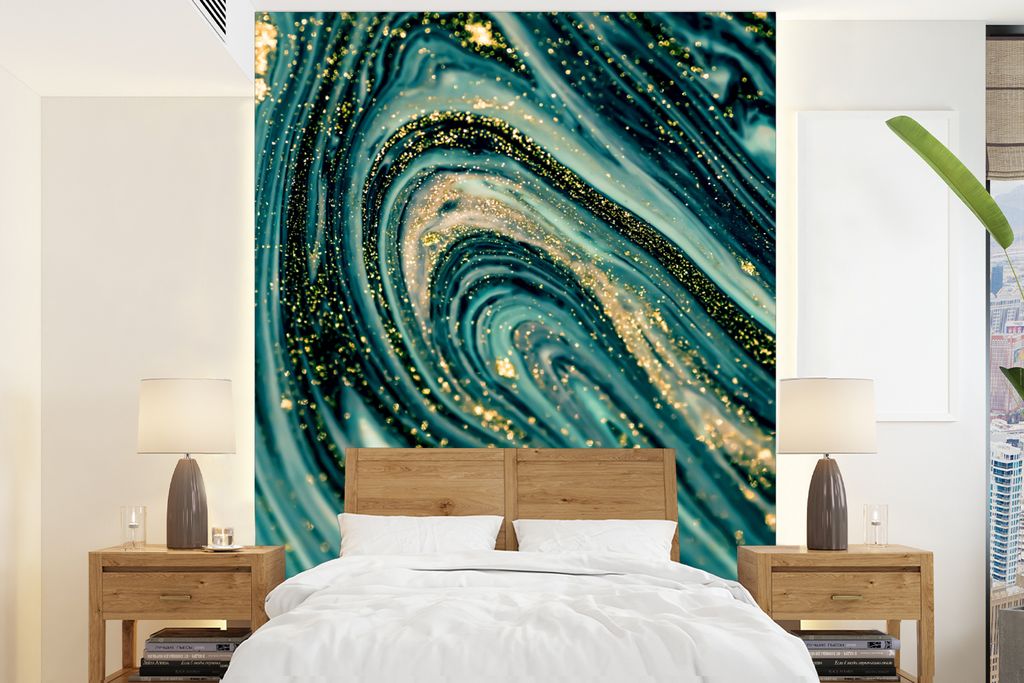 MuchoWow Fototapete für Wohnzimmer oder Schlafzimmer Wandtapete Vinyl Motivtapete Marmoroptik - Luxus - Gold - Türkis - Glitzer - 205x280 cm - ...