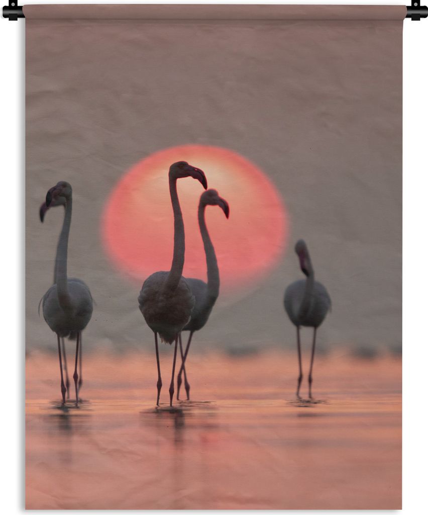 MuchoWow Wandteppich Wandbehang Vogel - Flamingo - Sonnenuntergang - Rosa 90x120 cm Tapisserie Dekoration Wandtuch - Wanddeko