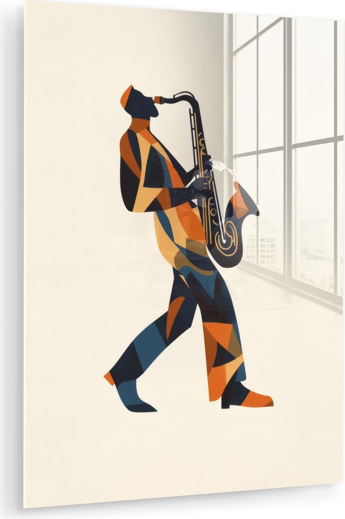 MuchoWow Glasbilder - Bilder auf Wandbild - Foto auf Glas Saxophon - Abstrakt - Person - Blau 30x40 cm Wanddekoration aus Glas - Acrylglasbild - Ac...