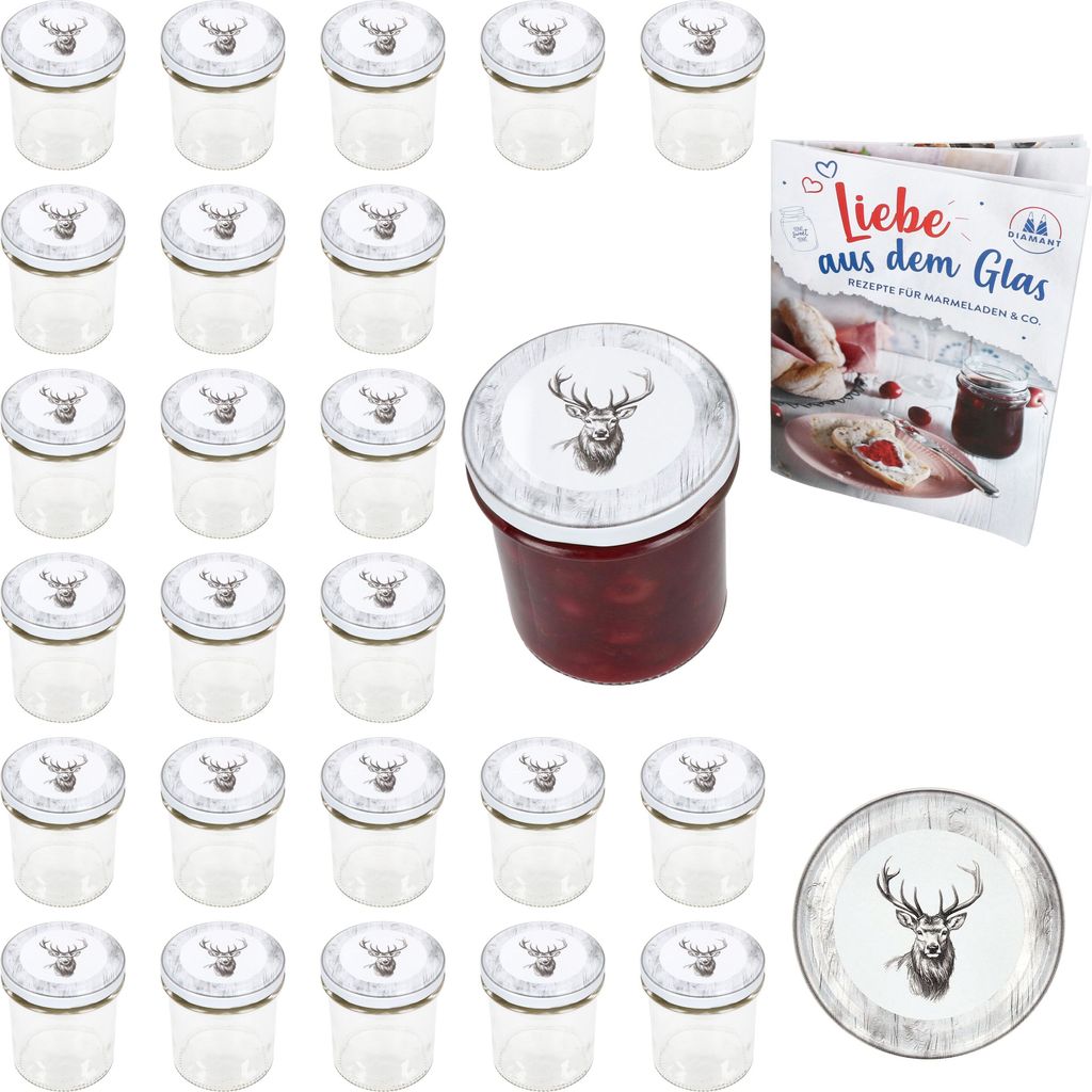 A set of glass jars with lids, a recipe book, and a decorative plate, all featuring a deer motif.