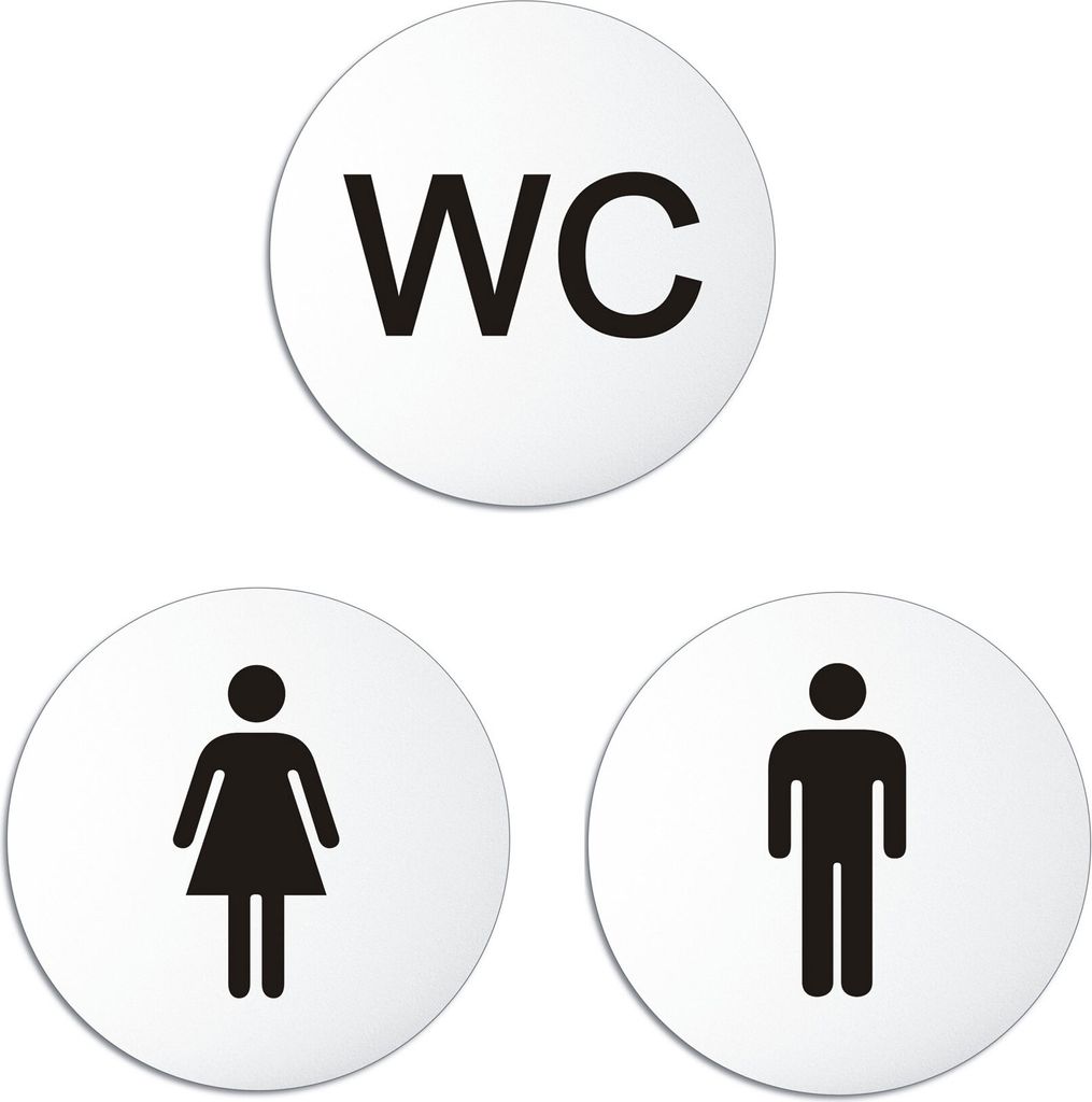 Toilettenschilder Damen-Herren WC-Text aus Aluminium | 3er Set WC Schilder | Ø 100 mm – UV-beständig Kratzfest