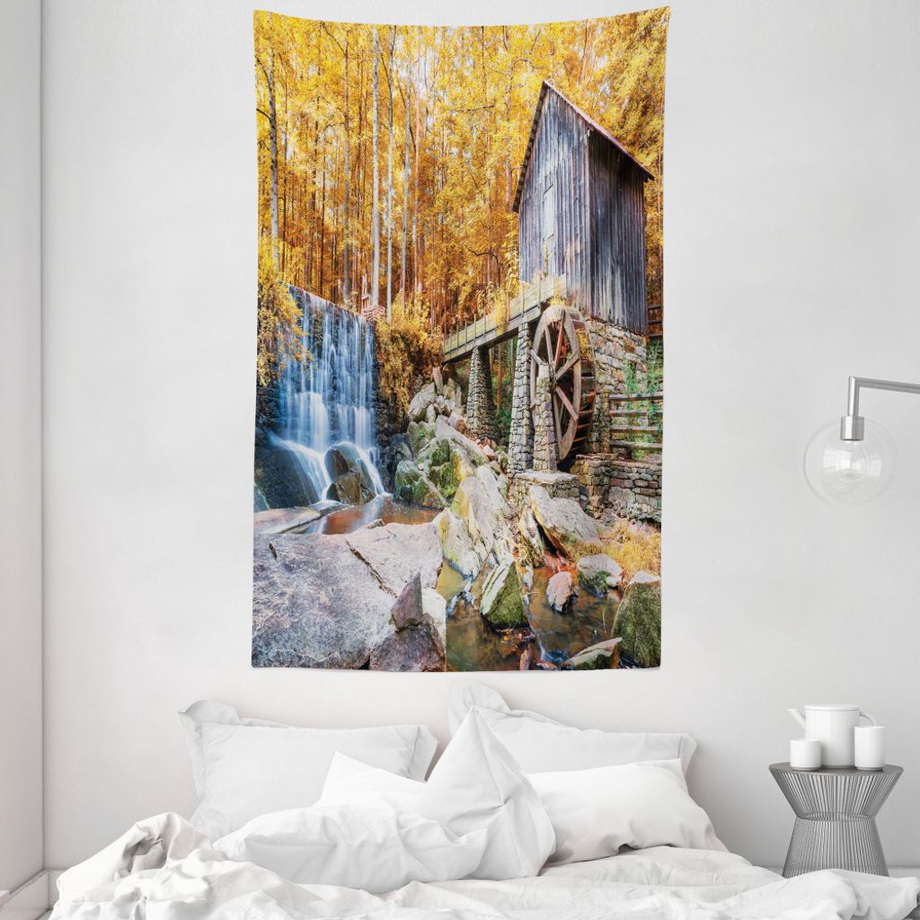 ABAKUHAUS Wasserfall Wandteppich und Tagesdecke, Historische Mühle Herbst aus Weiches Mikrofaser Stoff Waschbar ohne Verblassen Digitaldruck, 140 ...